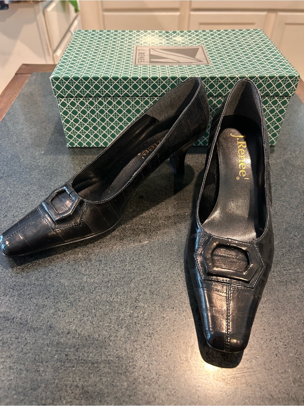 J.Renee Black Pointed-Toe EEL Skin Heels